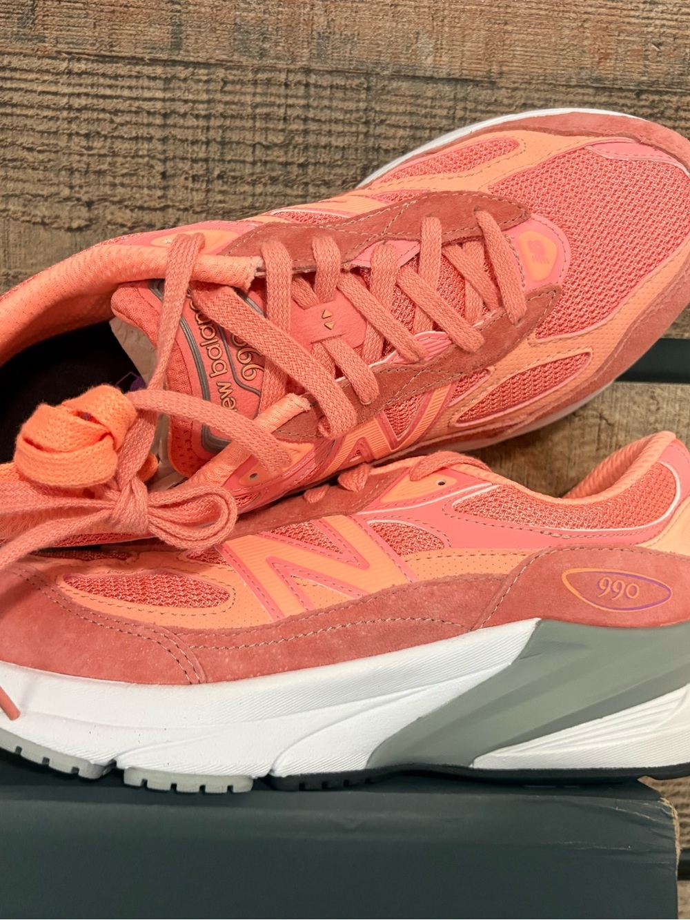 New Balance Women’s 990 Coral Pink Suede & Mesh Sneakers - Picture 2 of 6